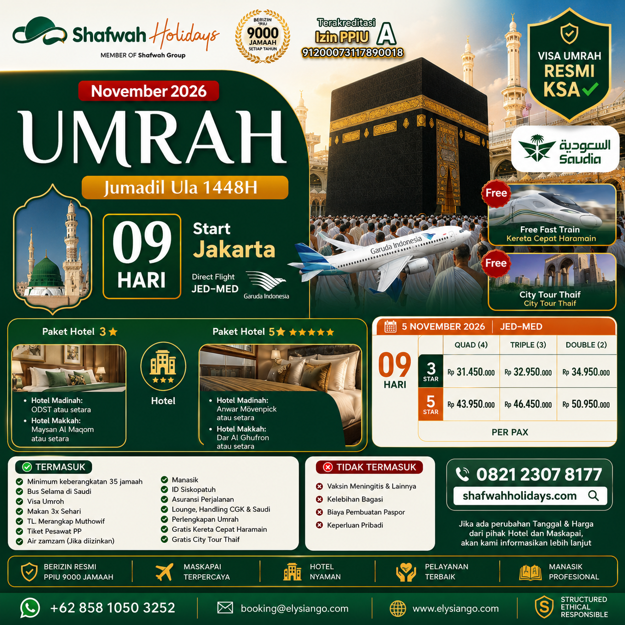 ELYSIANGO – Shafwah Holiday Umrah™ | 9 Hari | 5 November 2026
