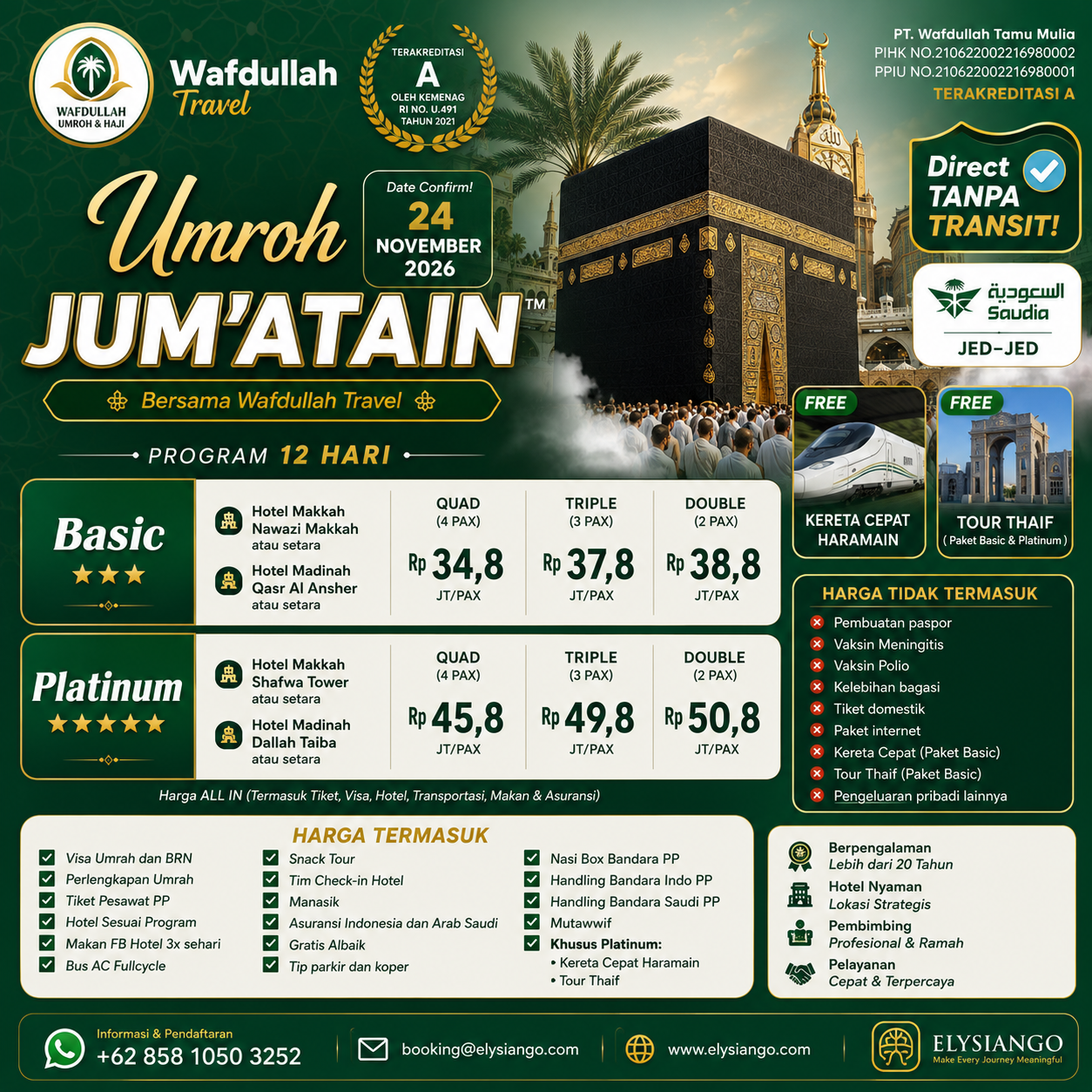 ELYSIANGO – Wafdullah Umrah Jum’atain™ | Basic & Platinum | 12 Hari | 24 November 2026