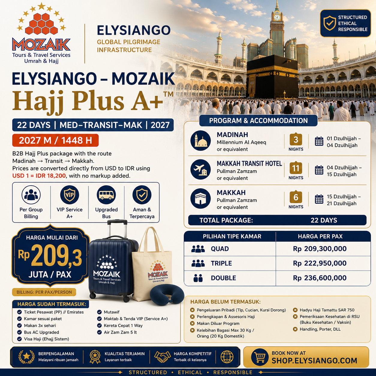 ELYSIANGO Hajj Plus A+™ | 22 Days | MED–Transit–MAK | 2027