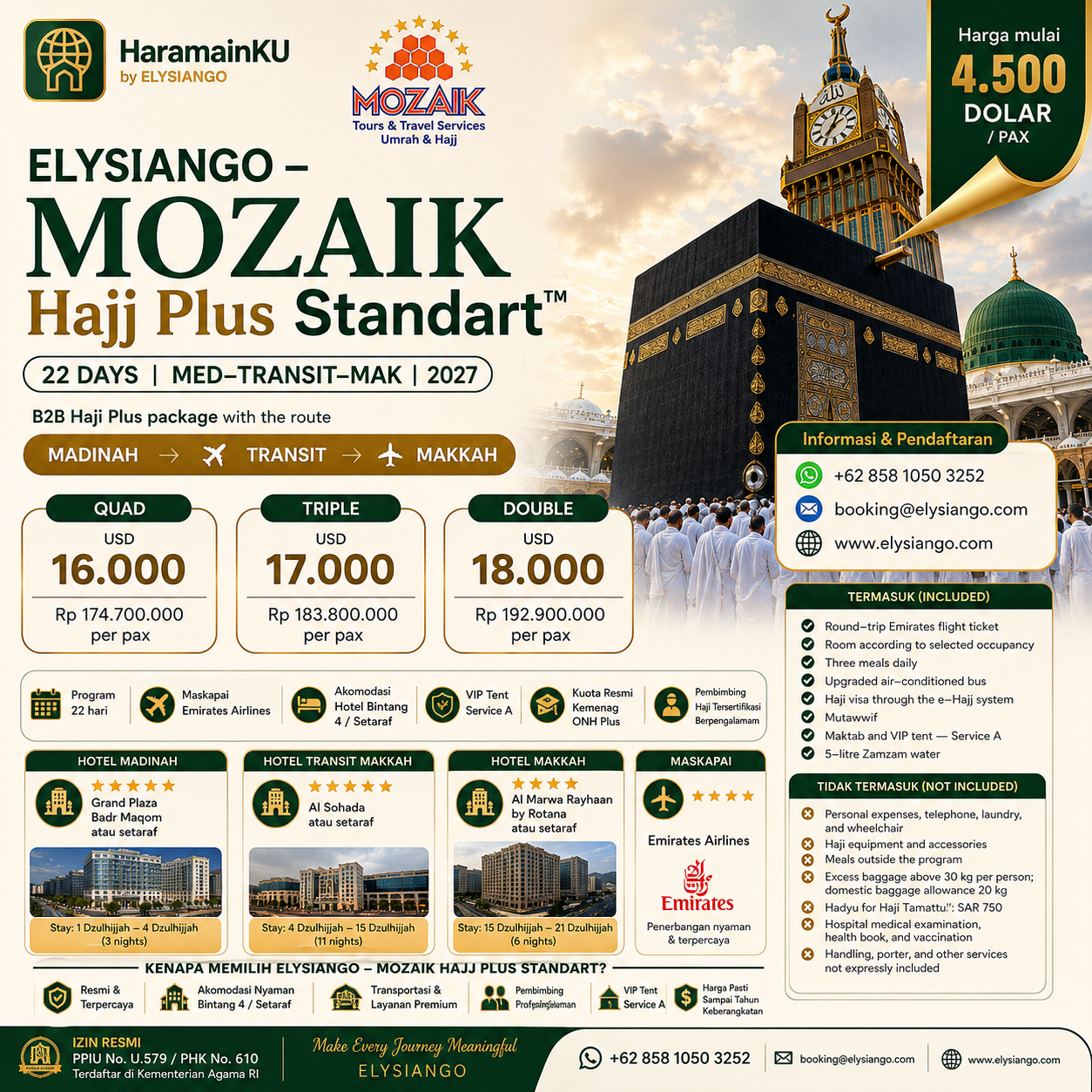 ELYSIANGO – MOZAIK Hajj Plus Standart™ | 22 Days | MED–Transit–MAK | 2027