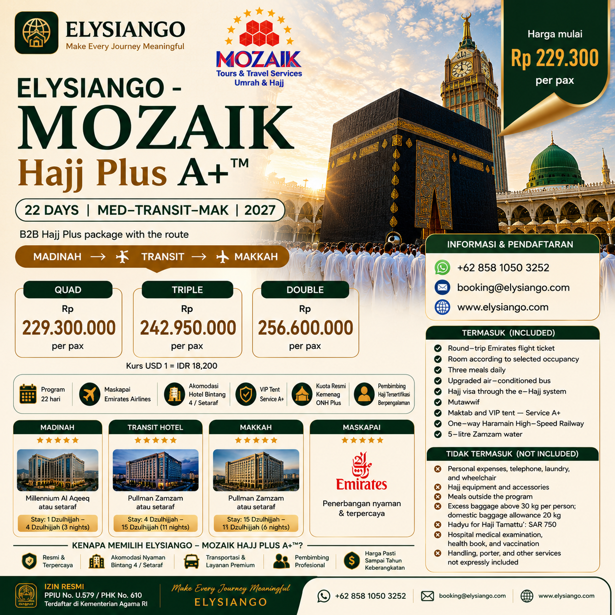 ELYSIANGO - MOZAIK Hajj Plus A+™ | 22 Days | MED–Transit–MAK | 2027