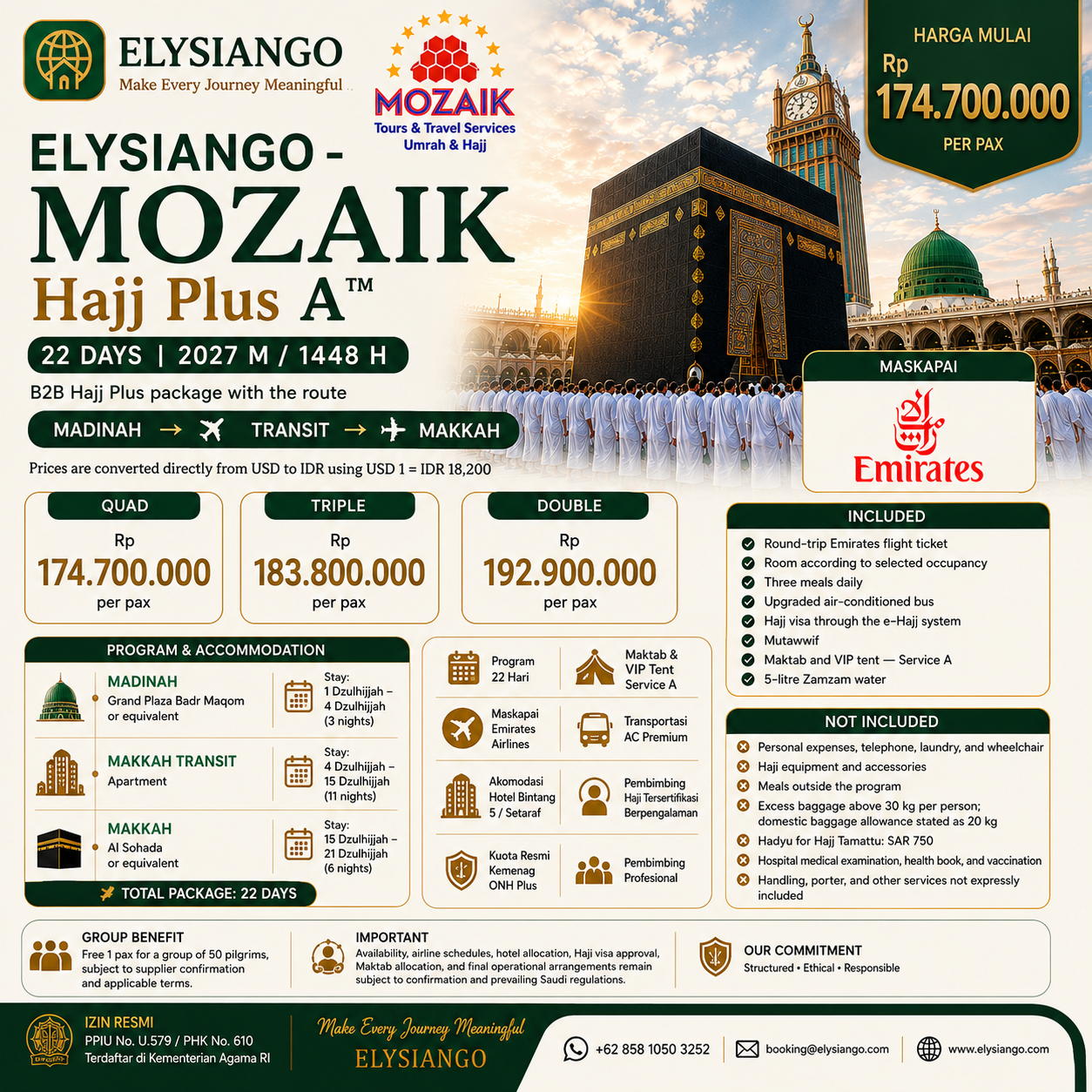 ELYSIANGO – MOZAIK Hajj Plus Standart™ | 22 Days | MED–Transit–MAK | 2027