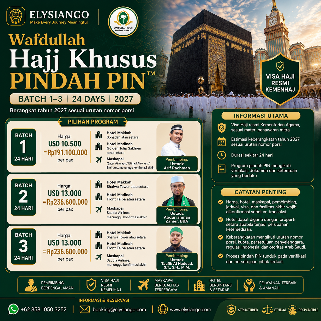ELYSIANGO – Wafdullah Hajj Khusus Pindah PIN™ | Batch 1–3 | 24 Days | 2027
