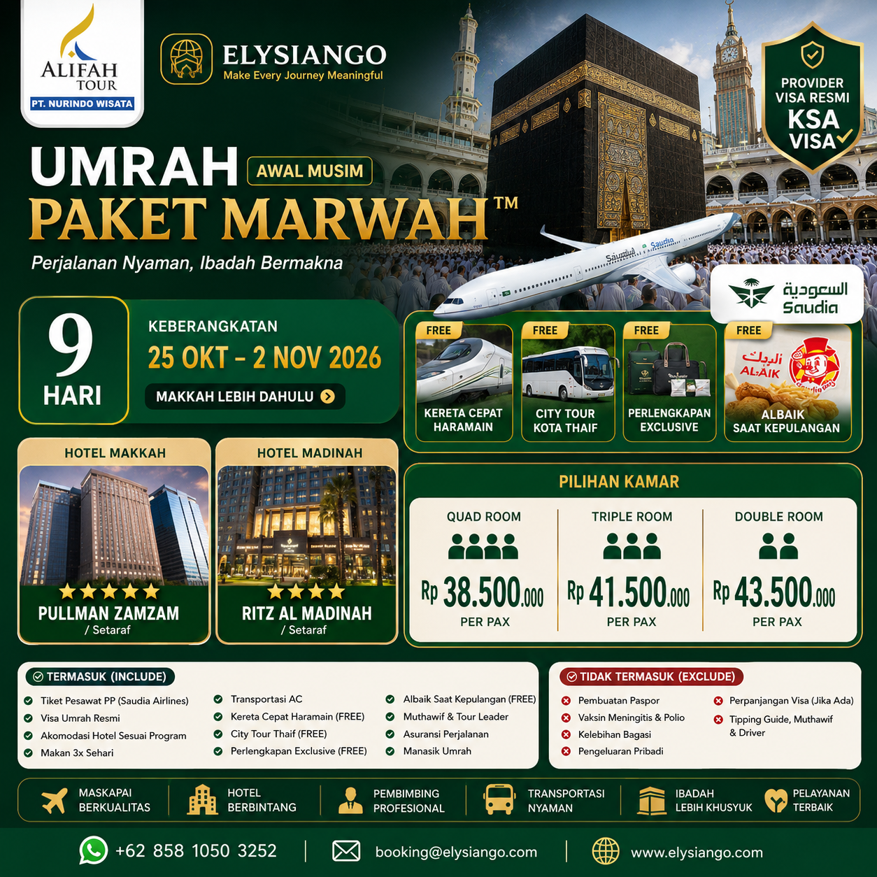 ELYSIANGO – Alifah Umrah Paket Marwah™ | 9 Hari | 25 Oktober–2 November 2026