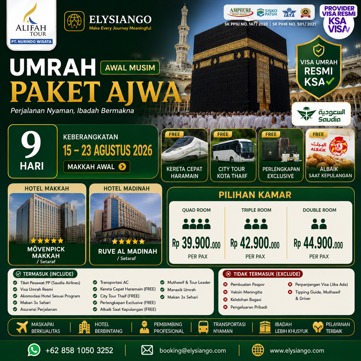 ELYSIANGO – Alifah Umrah Paket Ajwa™ | 9 Hari | 15–23 Agustus 2026