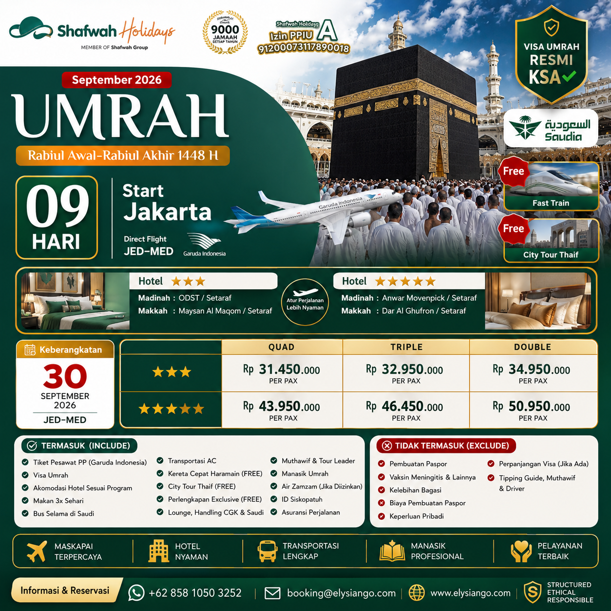 ELYSIANGO – Shafwah Holiday Umrah™ | 9 Hari | 30 September 2026