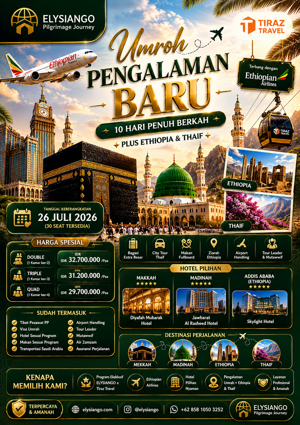 Umrah Pengalaman Baru 10 Hari + Ethiopia & Thaif Juli 2026 | ELYSIANGO x Tiraz Travel