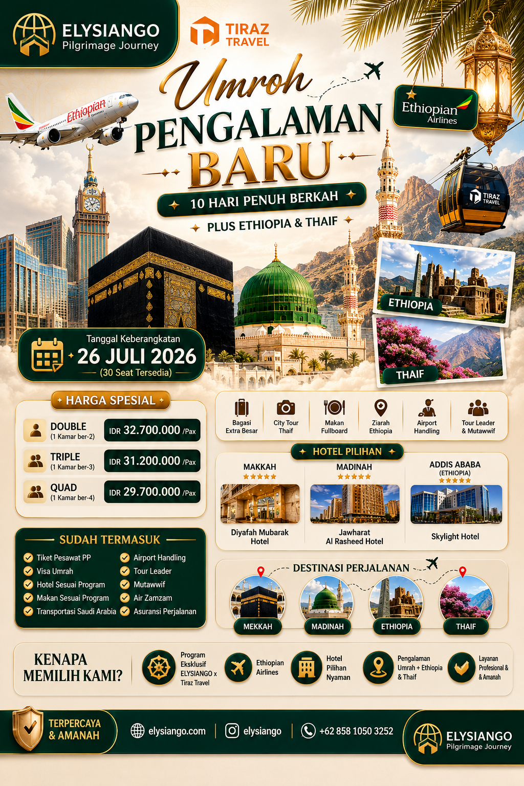 Umrah Pengalaman Baru 10 Hari + Ethiopia & Thaif Juli 2026 | ELYSIANGO x Tiraz Travel