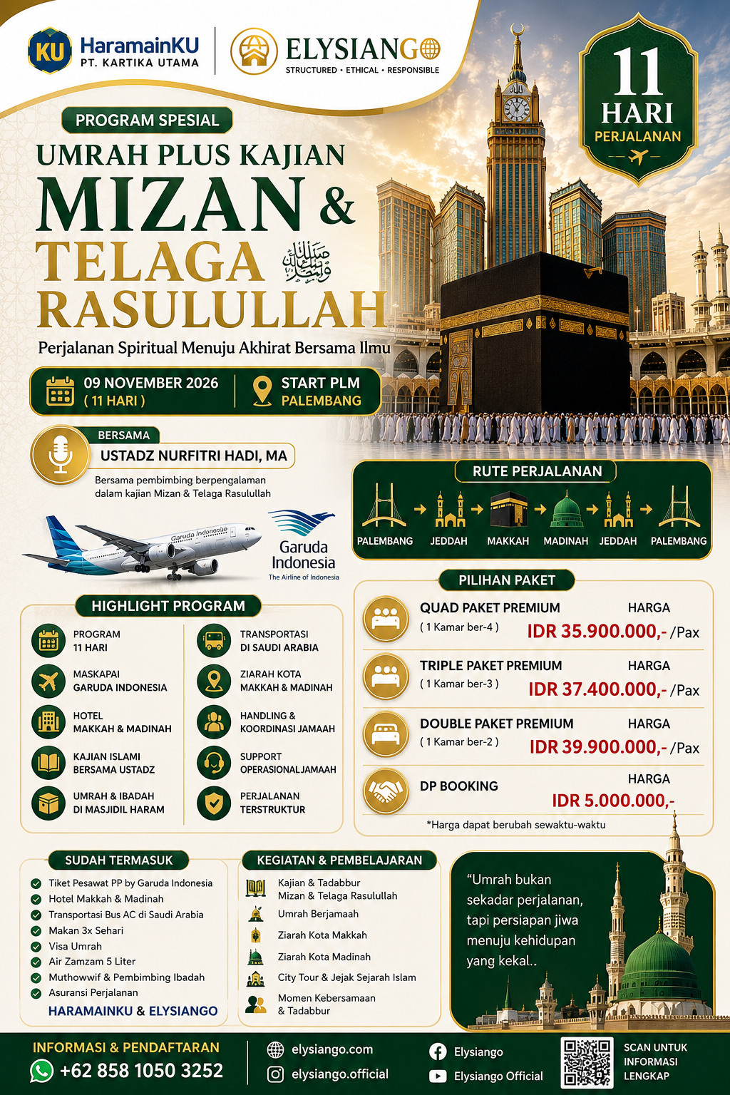 Umrah Plus Kajian Mizan & Telaga Rasulullah 2026 – 11 Hari dari Palembang | HaramainKU x ELYSIANGO