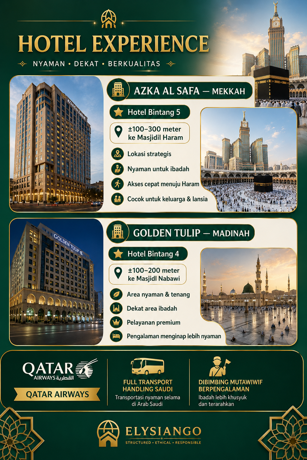 Umrah Juli 2026 Start Mekkah | Qatar Airways | Azka Al Safa & Golden Tulip | ELYSIANGO