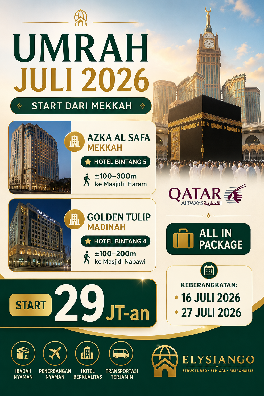 Umrah Juli 2026 Start Mekkah | Qatar Airways | Azka Al Safa & Golden Tulip | ELYSIANGO