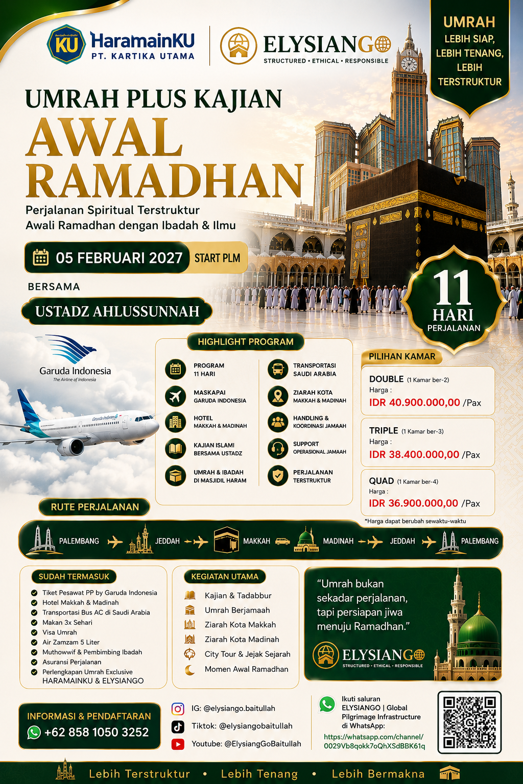 Umrah Awal Ramadhan 2027 Palembang – 11 Hari Bersama Ustadz Ahlussunnah | ELYSIANGO