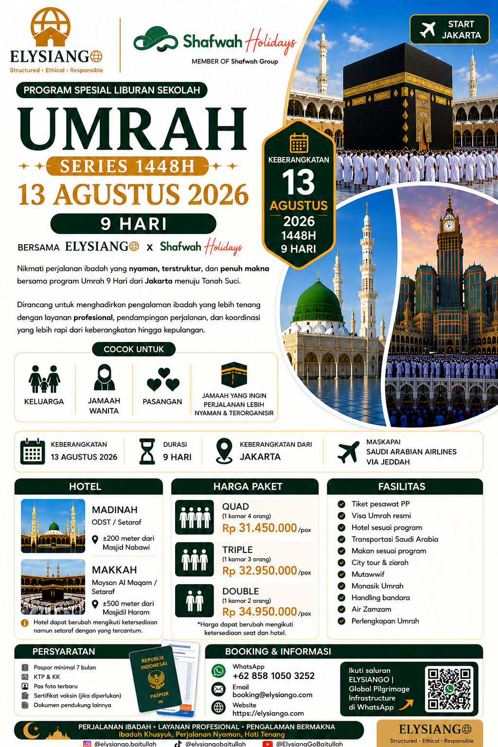 Umrah Series 1448H 13 Agustus 2026 9 Hari Start Jakarta | ELYSIANGO x Shafwah Holidays
