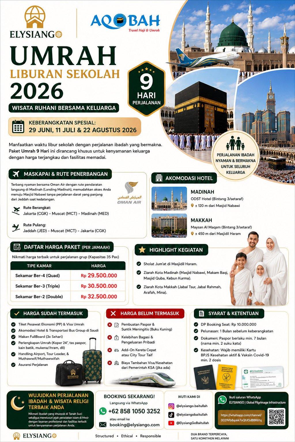 29 JUN 2026 (UMR180) Umrah Liburan Sekolah Oman Air 9 Hari | ELYSIANGO x AQOBAH Travel Haji & Umroh