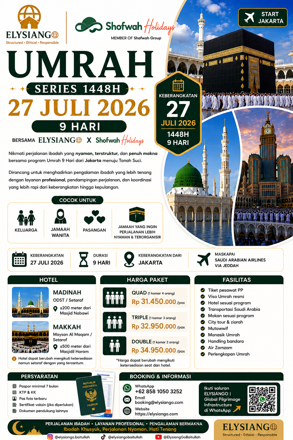 Umrah Series 1448H 27 Juli 2026 9 Hari Start Jakarta | ELYSIANGO x Shafwah Holidays